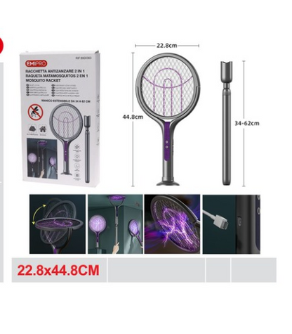 Scacciamosche elettrico con testa rotante e bacchetta telescopica di estensione, ricaricabile tramite USB, racchetta elettrica per zanzare per interni ed esterni, controllo insetti e ragni zanzare