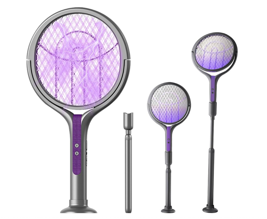 Scacciamosche elettrico con testa rotante e bacchetta telescopica di estensione, ricaricabile tramite USB, racchetta elettrica per zanzare per interni ed esterni, controllo insetti e ragni zanzare