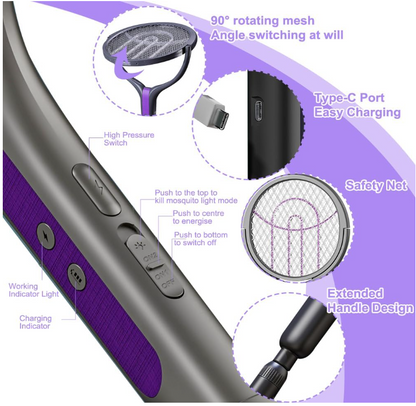 Scacciamosche elettrico con testa rotante e bacchetta telescopica di estensione, ricaricabile tramite USB, racchetta elettrica per zanzare per interni ed esterni, controllo insetti e ragni zanzare