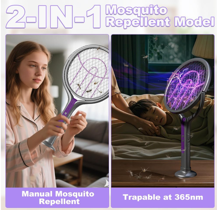 Scacciamosche elettrico con testa rotante e bacchetta telescopica di estensione, ricaricabile tramite USB, racchetta elettrica per zanzare per interni ed esterni, controllo insetti e ragni zanzare