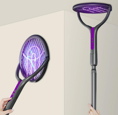 Scacciamosche elettrico con testa rotante e bacchetta telescopica di estensione, ricaricabile tramite USB, racchetta elettrica per zanzare per interni ed esterni, controllo insetti e ragni zanzare