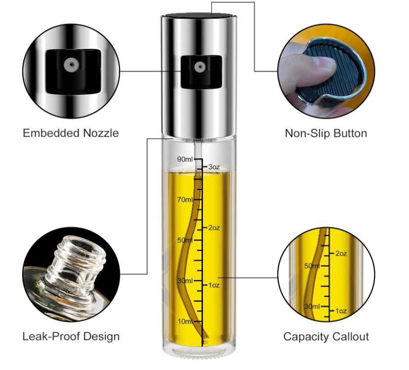 Spruzzino per Olio, 100 ML Spray Olio con Scala, Spruzzatore Olio Bottiglia di Olio o aceto Riutilizzabile Trasparente, Adatto per Cucinare, Grigliare, cuocere al Forno, Pasta, insalate