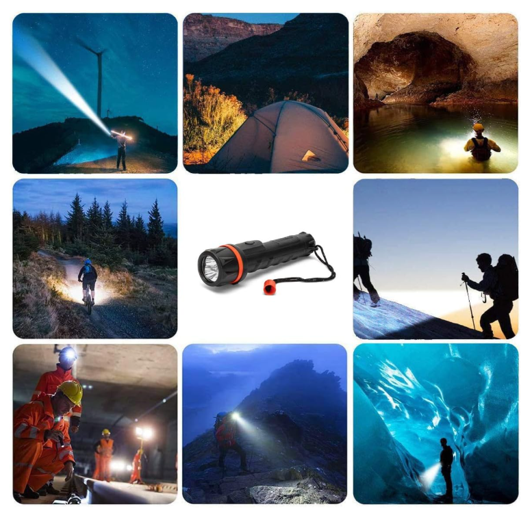 Torcia LED di Emergenza Impermeabile MU-T92107, Lanterna Portatile da Campeggio e Trekking, 1W LED, 2x Batterie D, Antiscivolo, Duratura, Ideale per Casa, Outdoor e Blackout