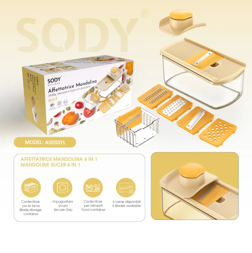 SODY Affettatrice Mandolina 6 in 1 da Cucina Modello AU003YL - Taglia Verdure e Frutta Regolabile con Salvadita e Scatola di Raccolta