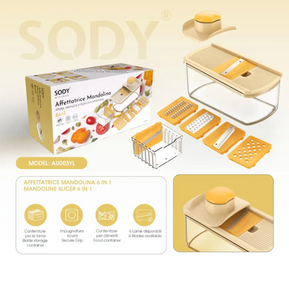 SODY Affettatrice Mandolina 6 in 1 da Cucina Modello AU003YL - Taglia Verdure e Frutta Regolabile con Salvadita e Scatola di Raccolta