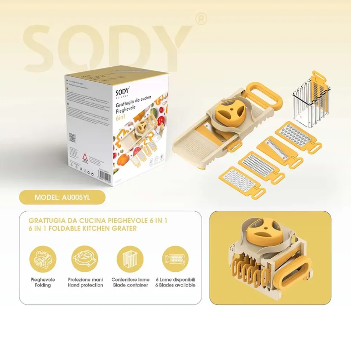 SODY Mandolina affettaverdure 6 in 1 compatta con 6 lame intercambiabili per cucina versatile e compatto