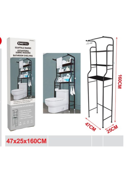 Scaffale per WC Bagno con 3 Ripiani, Portaoggetti Salvaspazio Multifunzione in Ferro Nero/bianco, Facile da Installare (47x25x160 cm)