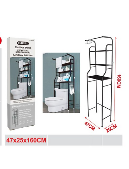Scaffale per WC Bagno con 3 Ripiani, Portaoggetti Salvaspazio Multifunzione in Ferro Nero/bianco, Facile da Installare (47x25x160 cm)