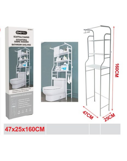 Scaffale per WC Bagno con 3 Ripiani, Portaoggetti Salvaspazio Multifunzione in Ferro Nero/bianco, Facile da Installare (47x25x160 cm)