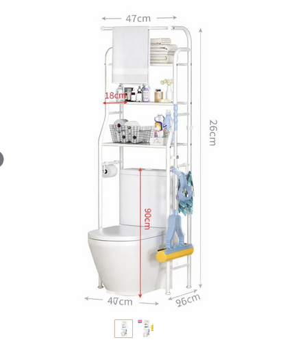 Scaffale per WC Bagno con 3 Ripiani, Portaoggetti Salvaspazio Multifunzione in Ferro Nero/bianco, Facile da Installare (47x25x160 cm)