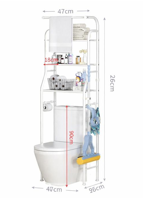 Scaffale per WC Bagno con 3 Ripiani, Portaoggetti Salvaspazio Multifunzione in Ferro Nero/bianco, Facile da Installare (47x25x160 cm)