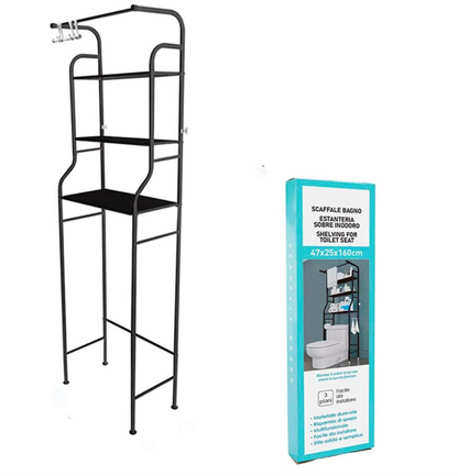 Scaffale per WC Bagno con 3 Ripiani, Portaoggetti Salvaspazio Multifunzione in Ferro Nero/bianco, Facile da Installare (47x25x160 cm)