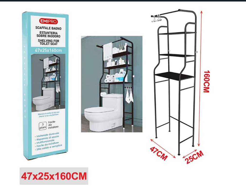 Scaffale per WC Bagno con 3 Ripiani, Portaoggetti Salvaspazio Multifunzione in Ferro Nero/bianco, Facile da Installare (47x25x160 cm)