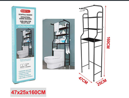 Scaffale per WC Bagno con 3 Ripiani, Portaoggetti Salvaspazio Multifunzione in Ferro Nero/bianco, Facile da Installare (47x25x160 cm)