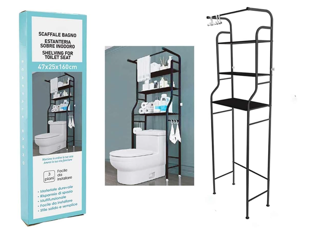 Scaffale per WC Bagno con 3 Ripiani, Portaoggetti Salvaspazio Multifunzione in Ferro Nero/bianco, Facile da Installare (47x25x160 cm)