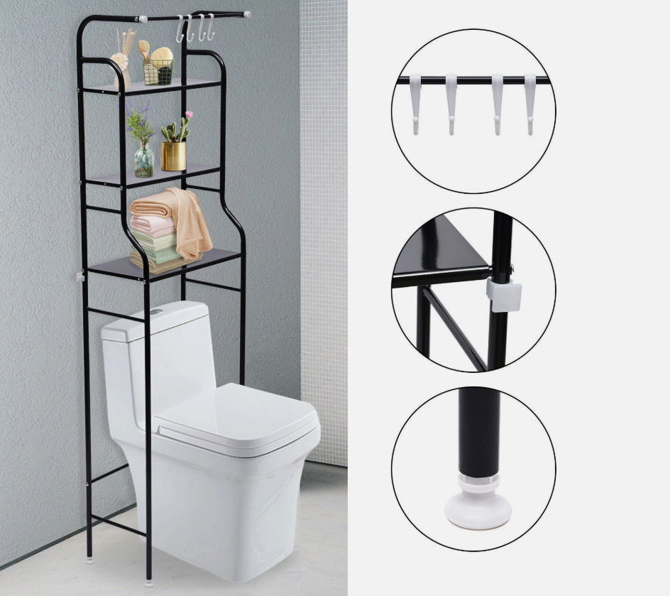 Scaffale per WC Bagno con 3 Ripiani, Portaoggetti Salvaspazio Multifunzione in Ferro Nero/bianco, Facile da Installare (47x25x160 cm)