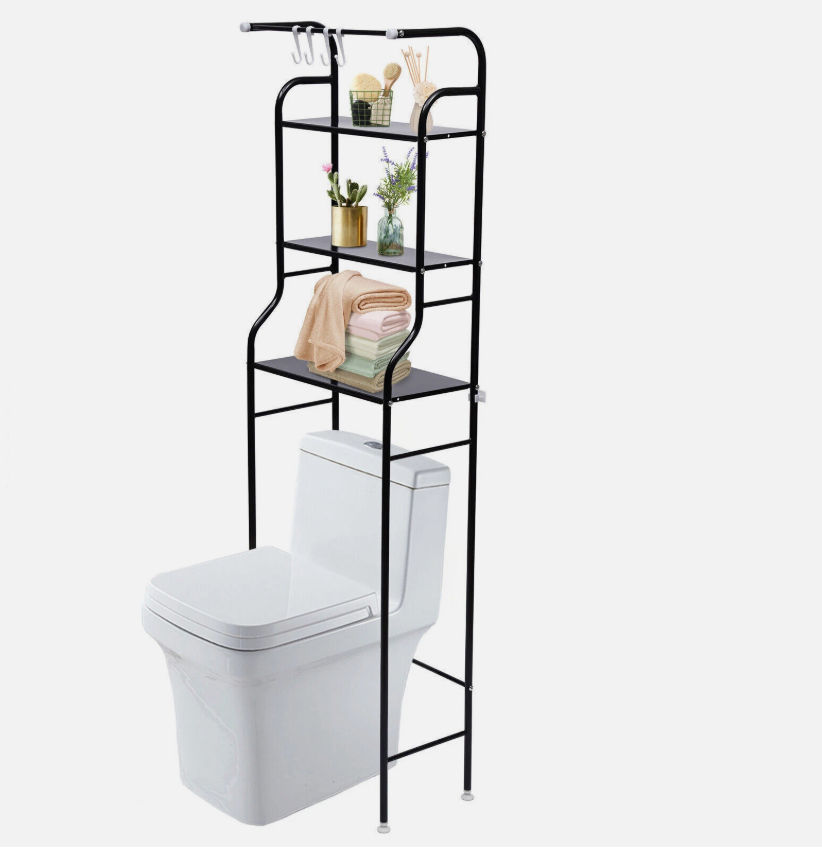 Scaffale per WC Bagno con 3 Ripiani, Portaoggetti Salvaspazio Multifunzione in Ferro Nero/bianco, Facile da Installare (47x25x160 cm)