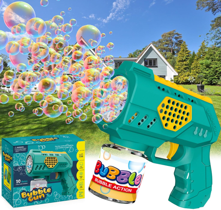 Pistola a Bolle per Bambini con Luci 10000+ Bolla al Minuto Soluzione 10 Fori Sparabolle Portatile per Feste Compleanno All'aperto Matrimoni Verde Automatico