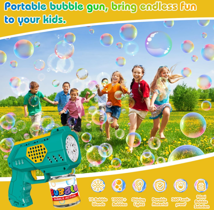 Pistola a Bolle per Bambini con Luci 10000+ Bolla al Minuto Soluzione 10 Fori Sparabolle Portatile per Feste Compleanno All'aperto Matrimoni Verde Automatico
