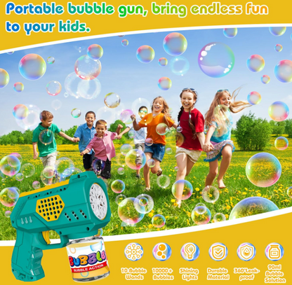 Pistola a Bolle per Bambini con Luci 10000+ Bolla al Minuto Soluzione 10 Fori Sparabolle Portatile per Feste Compleanno All'aperto Matrimoni Verde Automatico