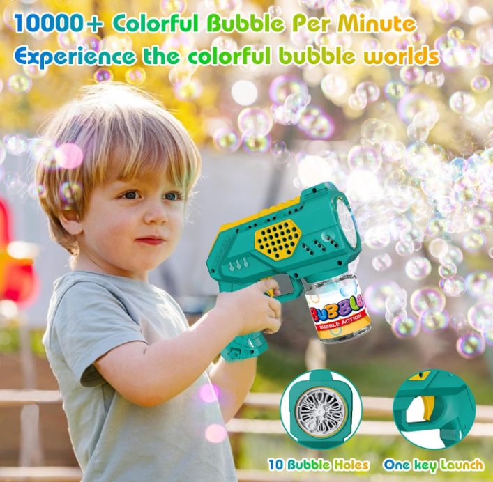 Pistola a Bolle per Bambini con Luci 10000+ Bolla al Minuto Soluzione 10 Fori Sparabolle Portatile per Feste Compleanno All'aperto Matrimoni Verde Automatico