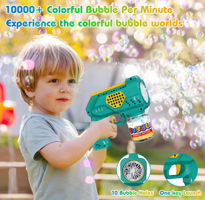 Pistola a Bolle per Bambini con Luci 10000+ Bolla al Minuto Soluzione 10 Fori Sparabolle Portatile per Feste Compleanno All'aperto Matrimoni Verde Automatico