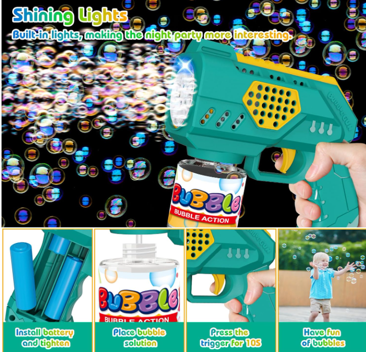 Pistola a Bolle per Bambini con Luci 10000+ Bolla al Minuto Soluzione 10 Fori Sparabolle Portatile per Feste Compleanno All'aperto Matrimoni Verde Automatico