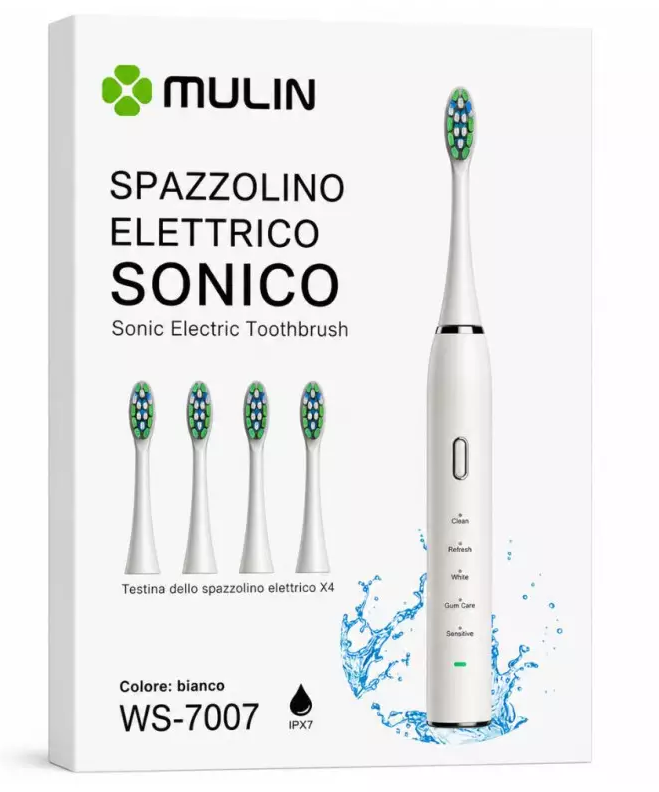 Mulin Spazzolino Elettrico Sonico WS-7007 IPX7 Impermeabile 37200 Vibrazioni 4 Testine Ricaricabile USB Bianco
