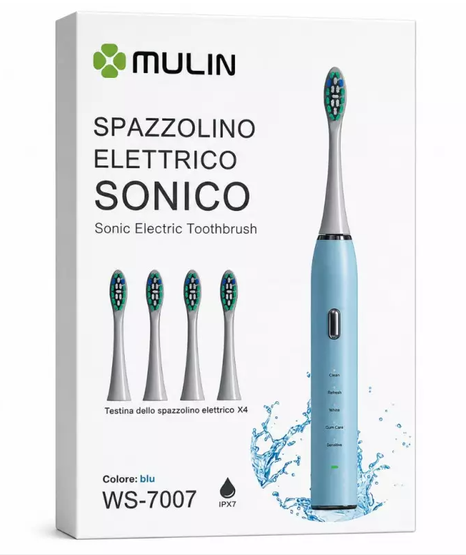 Mulin Spazzolino Elettrico Sonico WS-7007 IPX7 Impermeabile 37200 Vibrazioni 4 Testine Ricaricabile USB Bianco