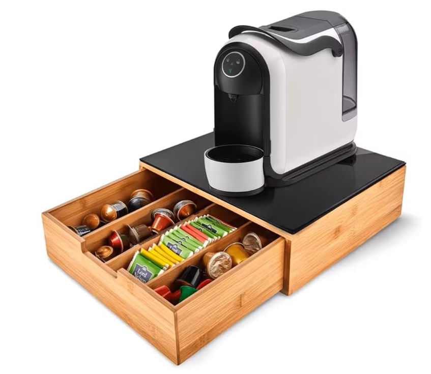 Porta Cialde e Capsule Caffè in Bambù con Vetro Temperato, Organizer con Cassetto e 4 Scomparti