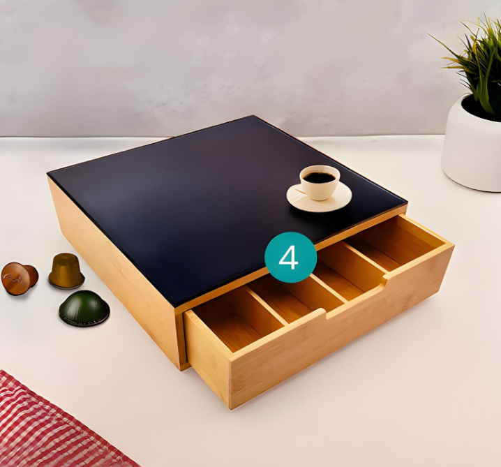 Porta Cialde e Capsule Caffè in Bambù con Vetro Temperato, Organizer con Cassetto e 4 Scomparti