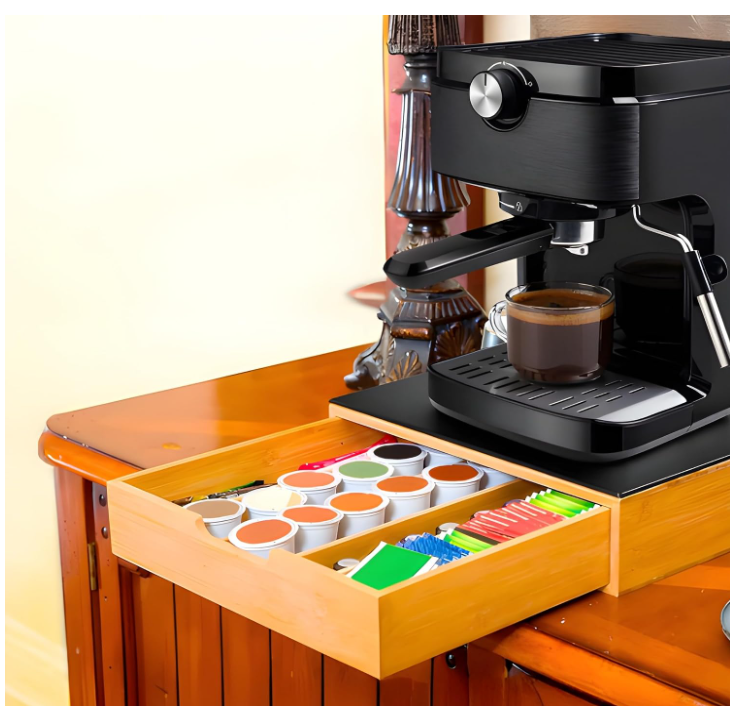 Porta Cialde e Capsule Caffè in Bambù con Vetro Temperato, Organizer con Cassetto e 4 Scomparti