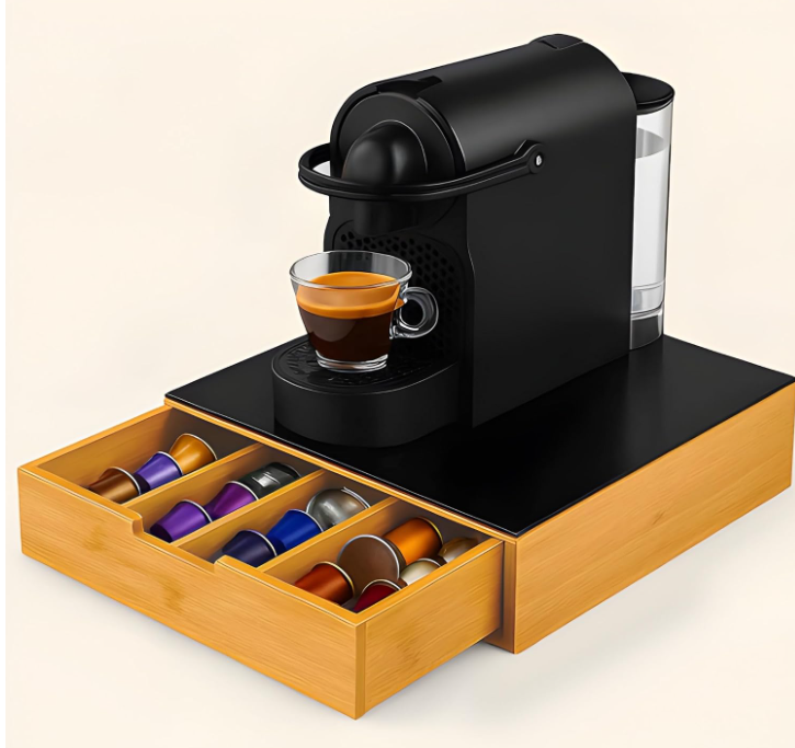 Porta Cialde e Capsule Caffè in Bambù con Vetro Temperato, Organizer con Cassetto e 4 Scomparti