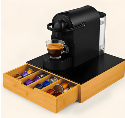 Porta Cialde e Capsule Caffè in Bambù con Vetro Temperato, Organizer con Cassetto e 4 Scomparti