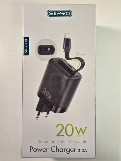 Caricatore Rapido 20W GaN SIPPO USB Type-C Salvaspazio - Cavo Avvolgibile Integrato 70cm