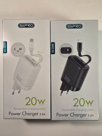 Caricatore Rapido 20W GaN SIPPO USB Type-C Salvaspazio - Cavo Avvolgibile Integrato 70cm