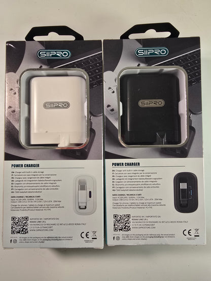 Caricatore Rapido 20W GaN SIPPO USB Type-C Salvaspazio - Cavo Avvolgibile Integrato 70cm