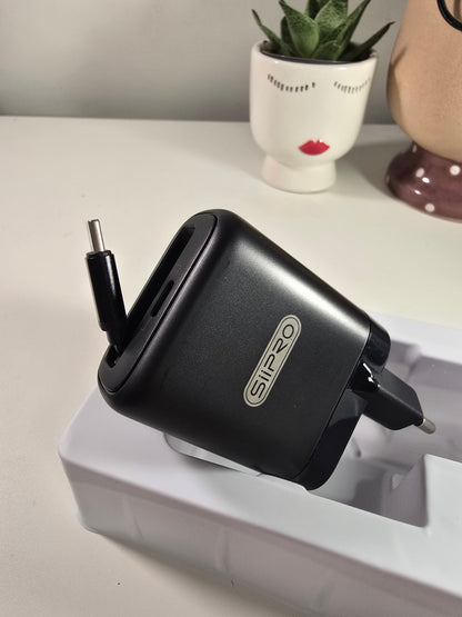 Caricatore Rapido 20W GaN SIPPO USB Type-C Salvaspazio - Cavo Avvolgibile Integrato 70cm