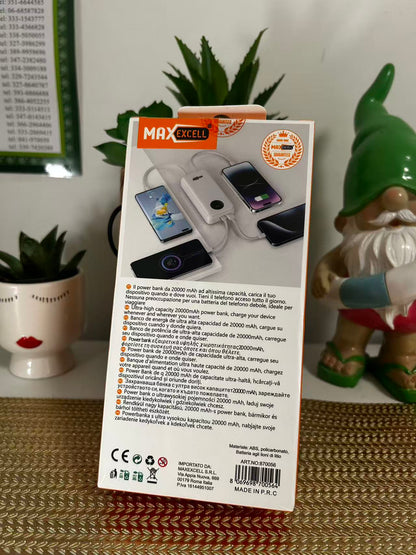 Power Bank 20000mAh MAXEXCELL - Carica Rapida Multi-Dispositivo, Compatto e Portatile con Cordino, Ideale per Viaggi e Uso Quotidiano