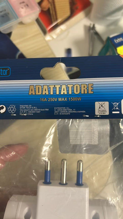Adattatore Spina Italiana Grande Adattatore con 3 Prese Pluristandard 10-16A (Standard Italiano 10A e Tedesco 16A Terra Laterale) e Spina 16A Adattatore Multipresa, Bianco