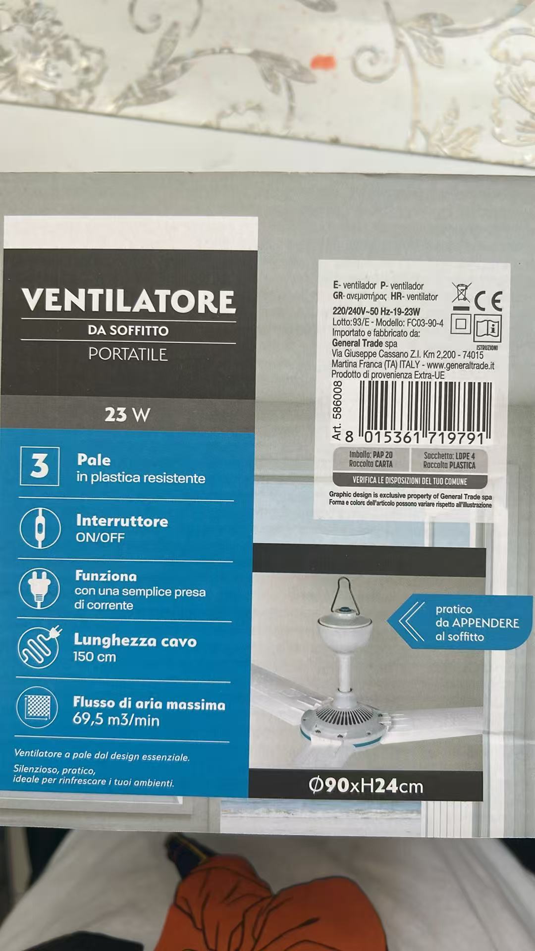 Ventilatore a Pale da Soffitto Portatile 23 Watt h24cm x ø90cm con 3 Pale in Plastica Resistente e Interruttore ON/OFF sul Cavo