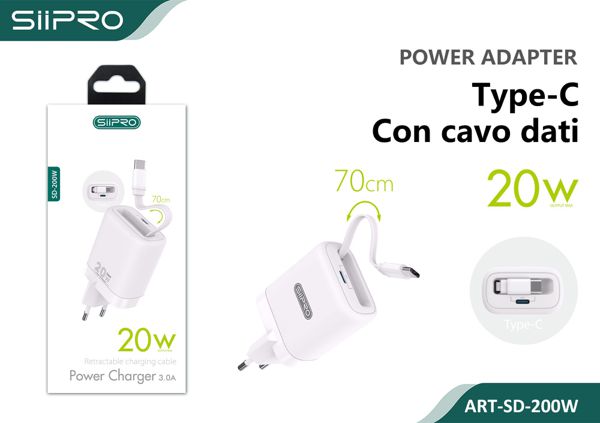 Caricatore Rapido 20W GaN SIPPO USB Type-C Salvaspazio - Cavo Avvolgibile Integrato 70cm