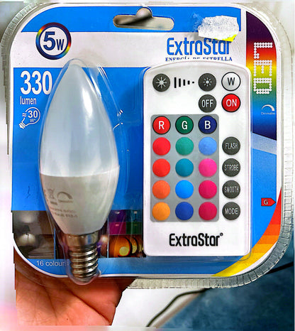 ExtraStar Lampadina LED RGB E14 5W con Telecomando 16 Colori c37RGB mart Multicolore