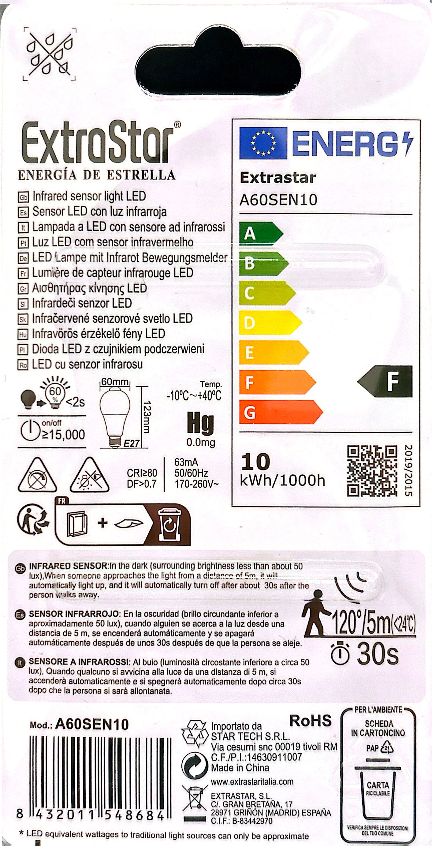 ExtraStar E27 10W LED Bulb with Light Sensor White 950 Lumens 6500K Cool White Light Max 5m