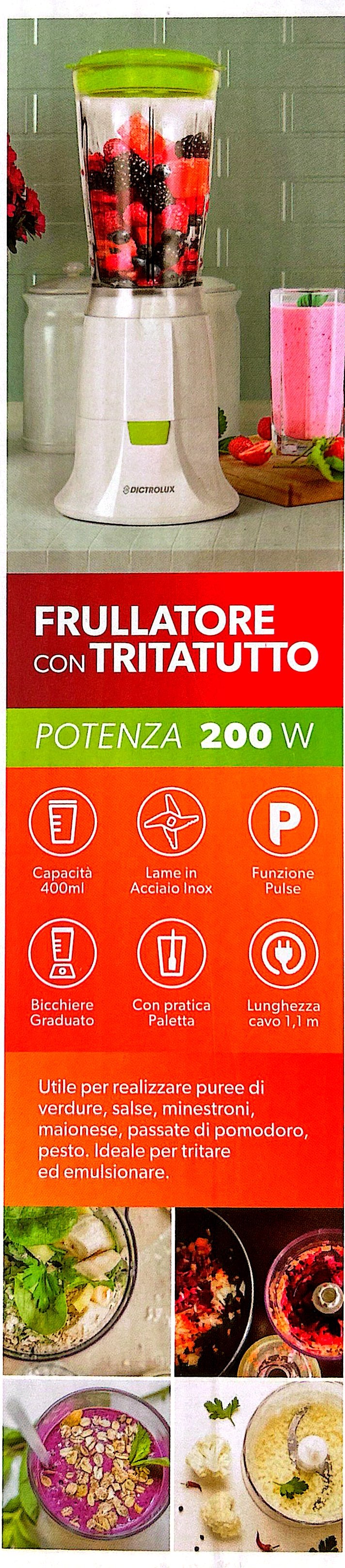 Frullatore Elettrico 2in1 con tritatutto 200 Watt