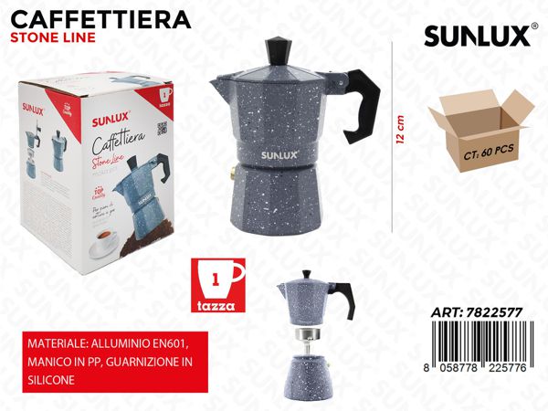 Coffee Maker 1/2/3/6 Cups – Stone Effect Aluminum Moka Pot | Ergonomic Handle, Compatible with Gas and Traditional Hobs