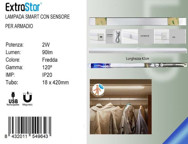 LAMPADA SMART CON SENSORE PER ARMADIO O CUCINA 18*42CM 2W 6500K BIANCO