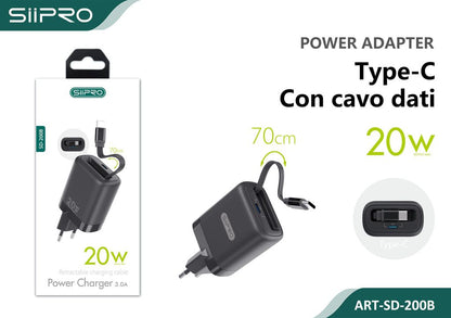 Caricatore Rapido 20W GaN SIPPO USB Type-C Salvaspazio - Cavo Avvolgibile Integrato 70cm