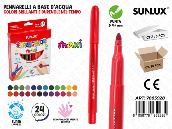 Sunlux Set di 24 Pennarelli maxi Supercolor a Punta Sottile 4.4 mm Lavabili e Sicuri per Scuola e Tempo Libero 24Colori maxiI