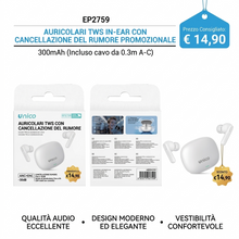 Auricolari In-Ear TWS con Cancellazione Attiva del Rumore (ANC + ENC) -30dB, Batteria Potente 300mAh, Confezione Promozionale con Cavo 0.3m A-C Incluso, Suono Eccellente, Bianco